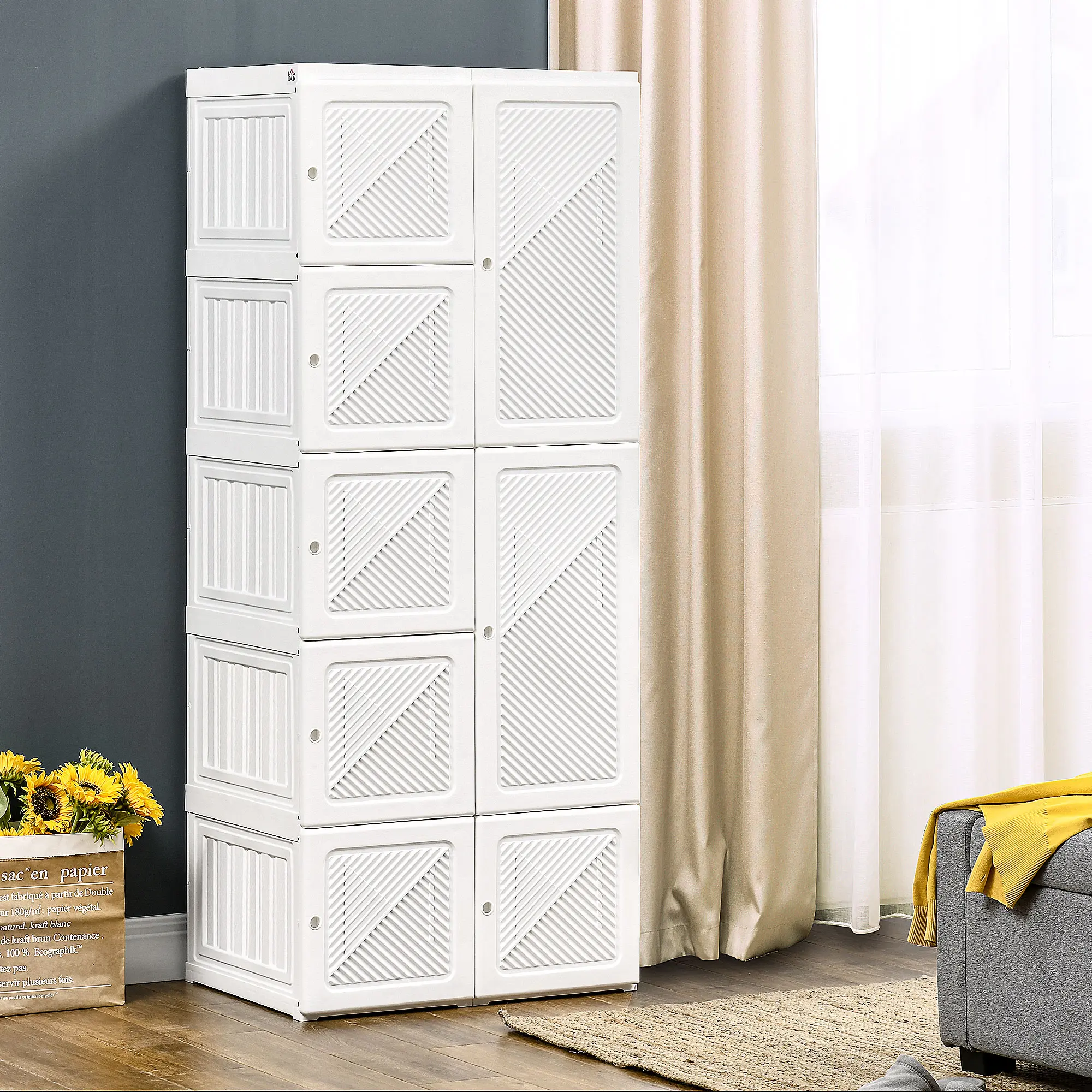 Portable White Folding Wardrobe Closet - Indoor Furniture Armoire with Cube Compartments, Hanging Rod, Magnet Doors for Bedroom Clothes Storage