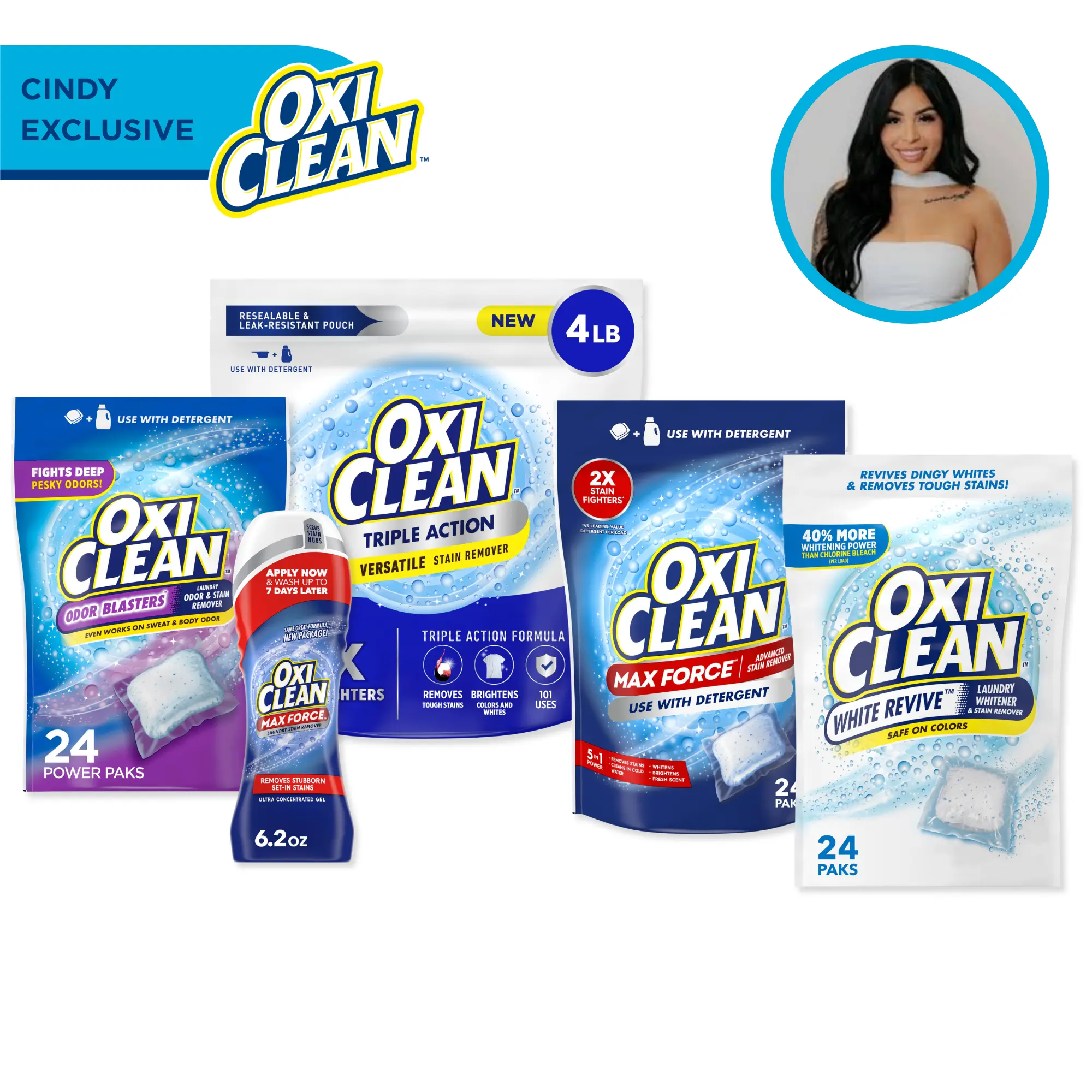 OxiClean x Cindy Power Pak & Laundry Powder Bundle, Odor Blasters, Max Force and White Revive Power Pak 24ct with Triple Action Versatile Stain Remover Powder