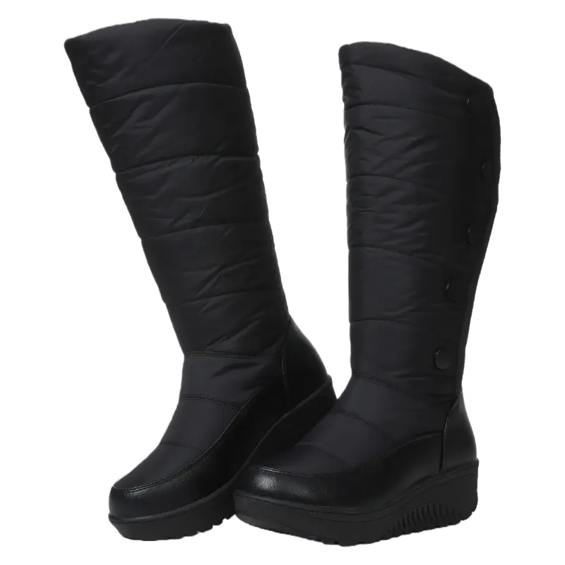Women's Waterproof Winter Boots, Black Quilted Knee High Casual Walking Shoes with Button Closure and Comfortable Fit, Footwear, Daily Wear, Round Toe, Rubber Sole