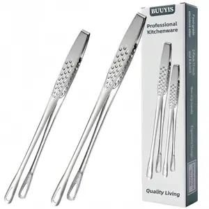 BUUYIS Korean Stainless Steel BBQ Utensils Set (2-Piece: 11-in, 9.4-in) – Portable, Lightweight, Stylish, Sturdy, Rust & Corrosion Resistant, Ergonomic Handles for Indoor Barbecue, Steaks, Salads