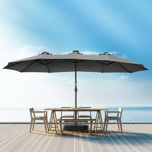 【Oversized】High-end 15/13ft Double Sided Umbrella | Solar LED Lighted, Base Included | 12 Heavy-Duty Sturdy Ribs, Crank Lift | Extra Large Outdoor Market Umbrella | Oversized Patio Shade for Deck, Pool, Backyard