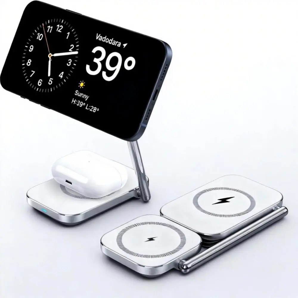 2-in-1 Magnetic Wireless Charging Stand, 15W Fast Wireless Charger, Foldable Zinc Alloy Charging Station for Smartphones & Earbuds, Portable Travel Charging Dock