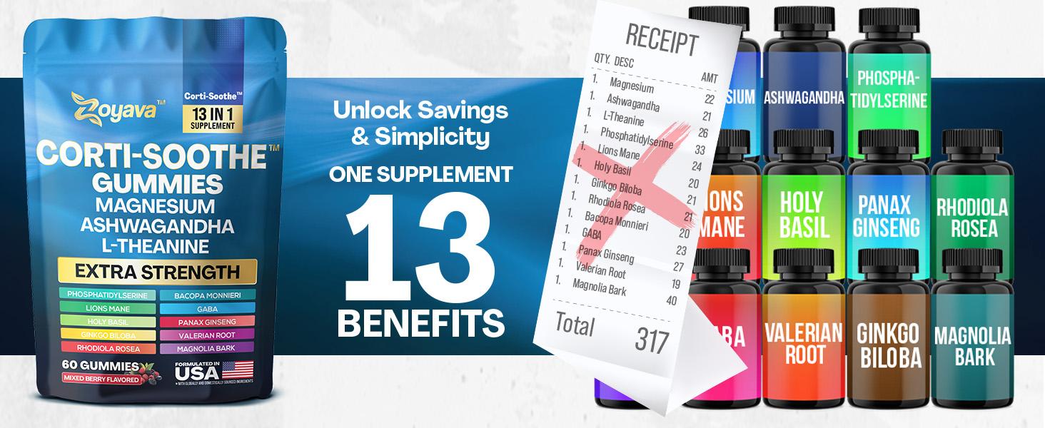 Zoyava Corti-Soothe Gummies - Mixed Berry Flavored All-in-One Cortisol Supplement with Magnesium, L-Theanine, Lions Mane & 10+ Extra Strength Ingredients, 60 Edible Gummies