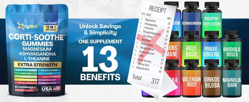 Zoyava Corti-Soothe Gummies - Mixed Berry Flavored All-in-One Cortisol Supplement with Magnesium, L-Theanine, Lions Mane & 10+ Extra Strength Ingredients, 60 Edible Gummies