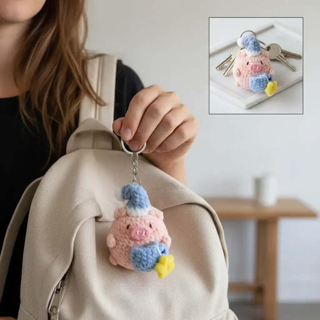 Cute Pink Piggy Crochet Keychain - Handmade Kawaii Plush Bag Charm Gift