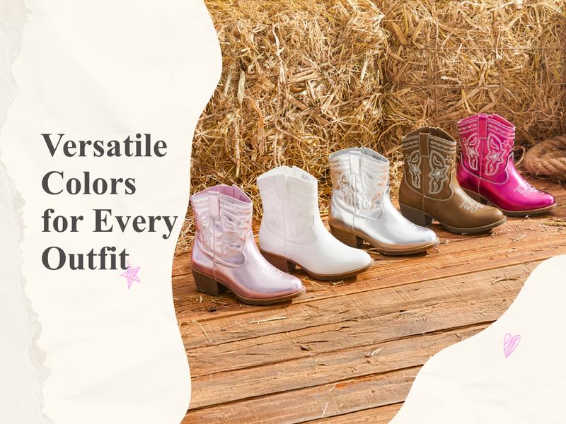 PATPAT Girls Cowgirl Boots,Embroidered Pointed Toe Cowboy Boots with Side Zipper Western Riding Shoes for Little Kid/Big Kid