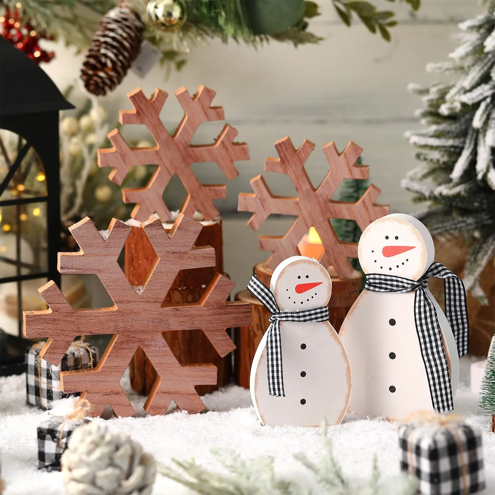 5-piece set of winter snowflake wooden decorations: desktop snowman ornament, white snowflake wooden sign for winter, layered tray with snowman wooden sign, suitable for winter parties and home storage racks (retro style).