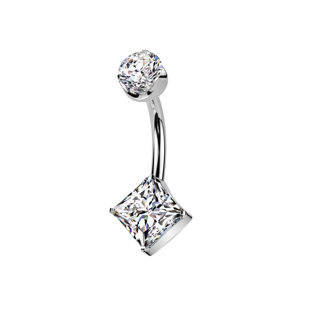 Threadless Push-In Diamond Shaped CZ Crystal Belly Button Ring - ASTM F-136 Implant Grade Titanium