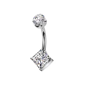 Threadless Push-In Diamond Shaped CZ Crystal Belly Button Ring - ASTM F-136 Implant Grade Titanium