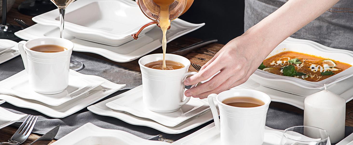 MALACASA 28/30 Pieces Ivory White Dinnerware Sets,  Porcelain Square Plates and Bowls Sets for 6, Ceramic Dishware Set, Series Mario modern design Winter Holiday