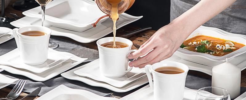 MALACASA 28/30 Pieces Ivory White Dinnerware Sets,  Porcelain Square Plates and Bowls Sets for 6, Ceramic Dishware Set, Series Mario modern design Winter Holiday