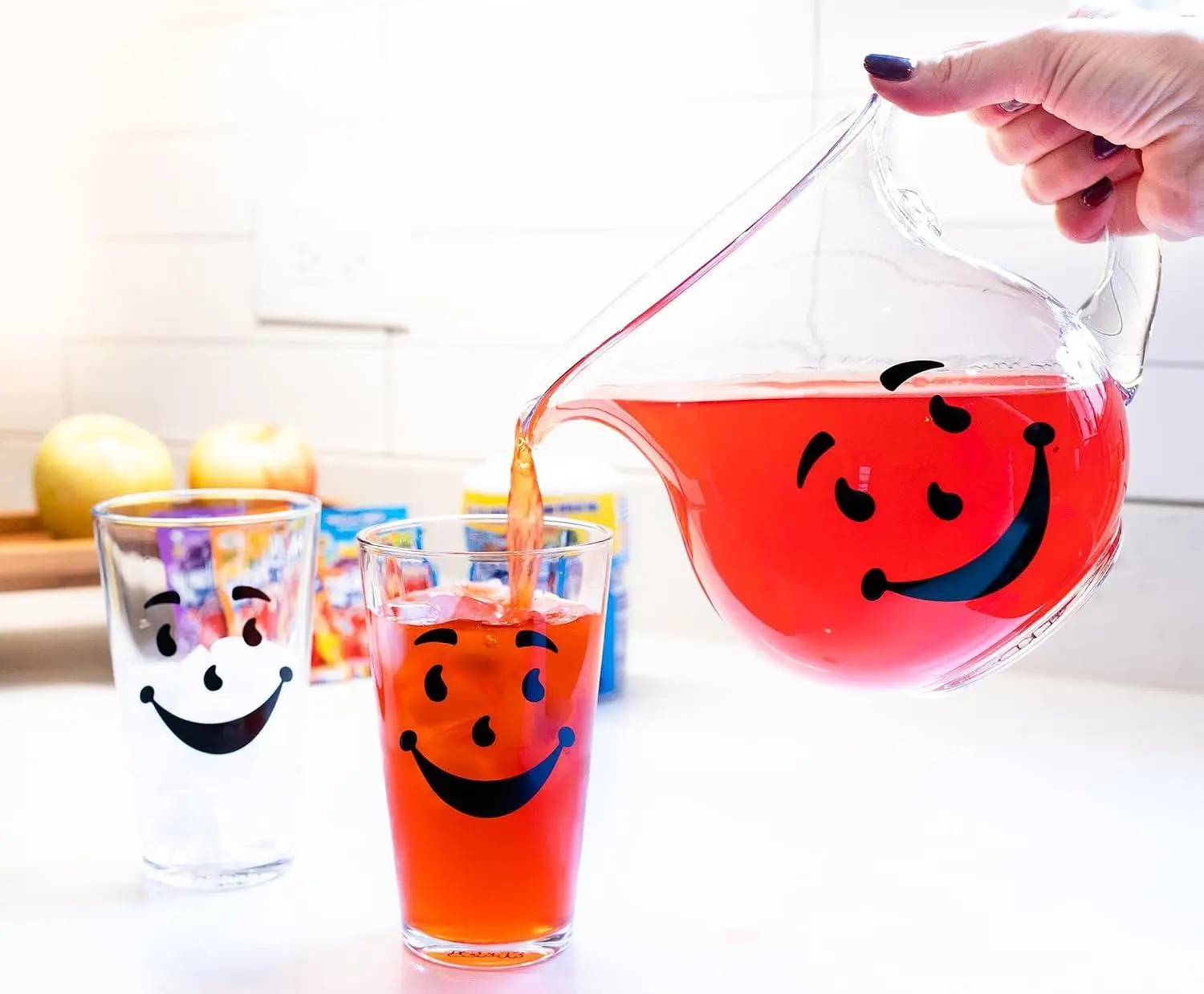 ToynK Official Licensed Kool-Aid Man Smiling Face Drinkware Set - 64oz Round Rigid Glass Pitcher, 2x16oz Pint Glasses, Hand-Wash Kitchen Essential, Nostalgic Gift, Water/Iced Tea Dispenser