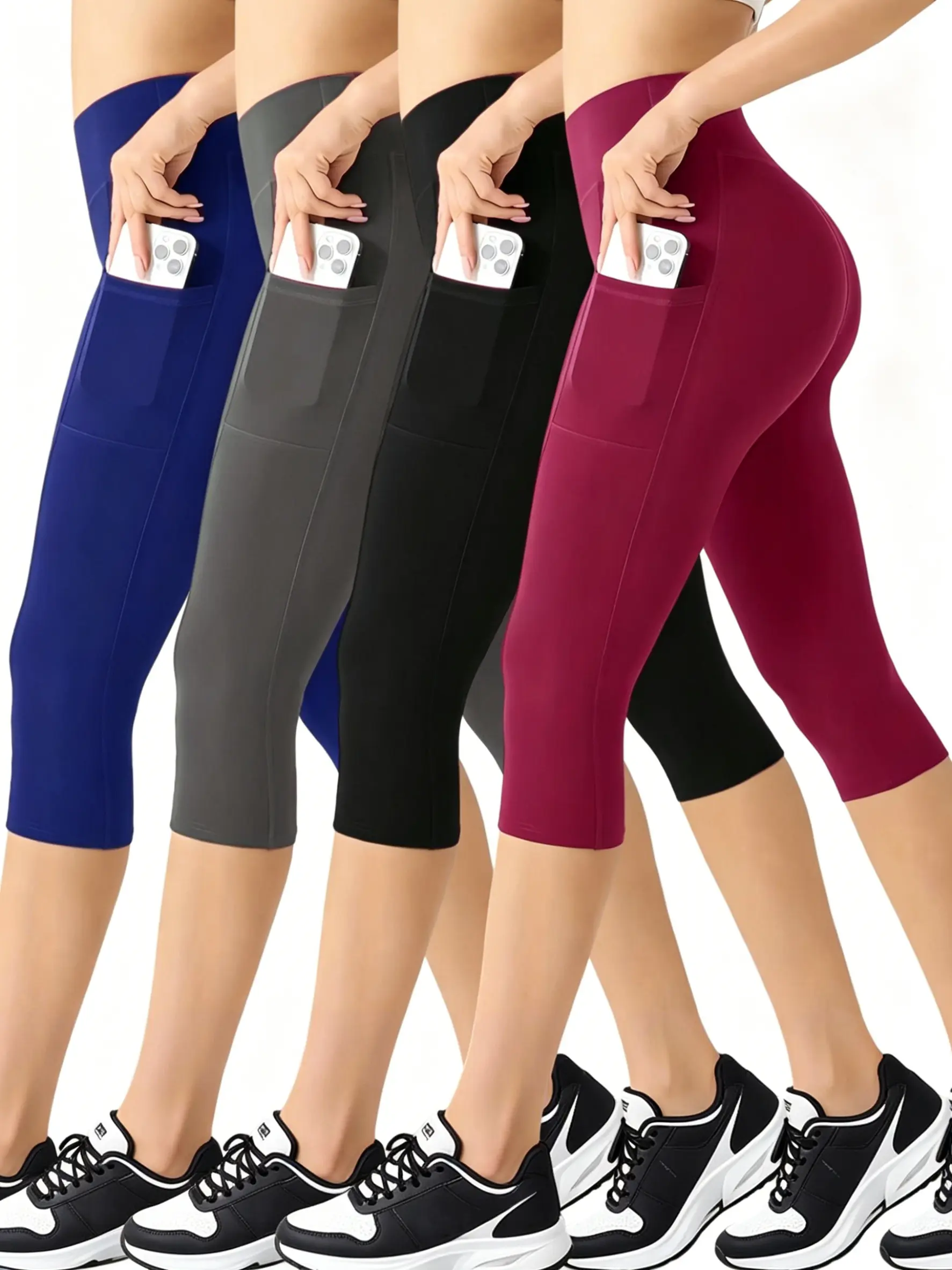 Women's Capri Pants - High Waisted Black/Grey/Red/Blue Cropped Pants, Tummy Control Firm Fit, Breathable Non-See-Through For Cycling, Hike, Work