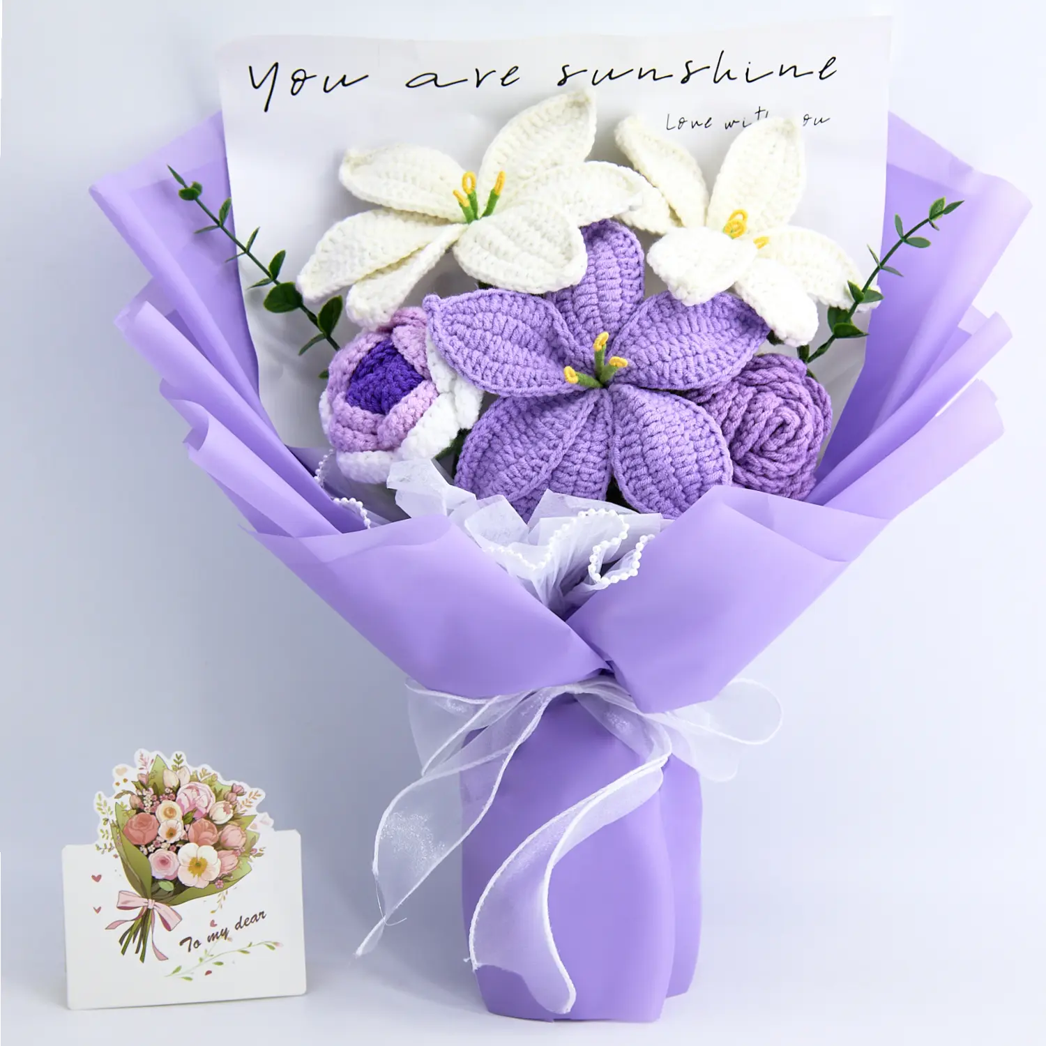Handmade Crochet Flowers Bouquet Gift for Girlfriend Birthday Wedding Anniversary Just Because Graduation Gift with Lily Cala Rose Eucalyptus Forever Flowers for Her with Greeting Card Ready to Gift Packaging US Fast Shipping Home Decor