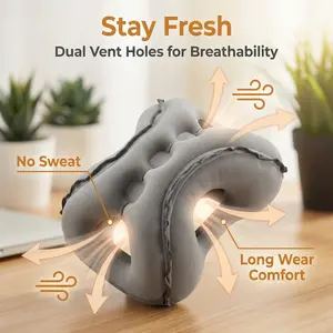 Inflatable Travel Pillow - Airplane Pillow for Neck Support on Long Flights, Buses, Cars, Office & Trains - Comes with Eye Mask, Earplugs & Portable Drawstring Bag - Grey