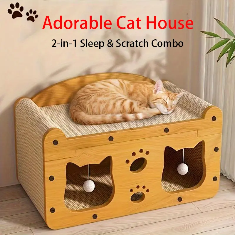 【Already have 10K favorites】2 in 1 Cat Bed with Scratching Board Pet Furniture for Indoor Cats Suitable for multiple cats Durable Double Layer Design Cat Bed Stylish and Comfortable Cat Furniture for All Seasons Wooden cat bed SummerVibes petlovers