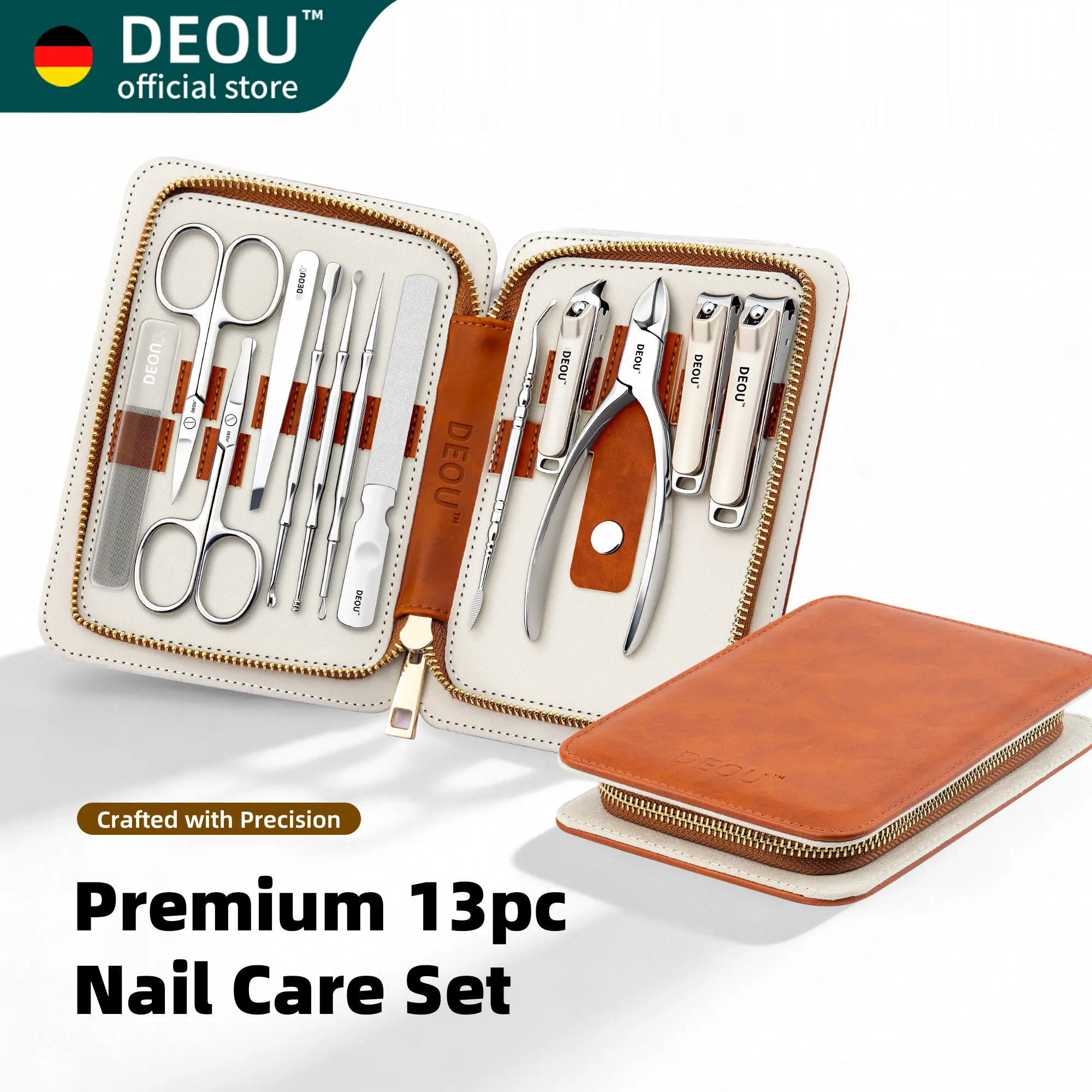 DEOU 13-Piece Salon-Quality Grooming Kit, Stainless Steel Manicure & Pedicure Set for Smooth, Gentle Daily Care in a Compact Travel Case for Men & Women