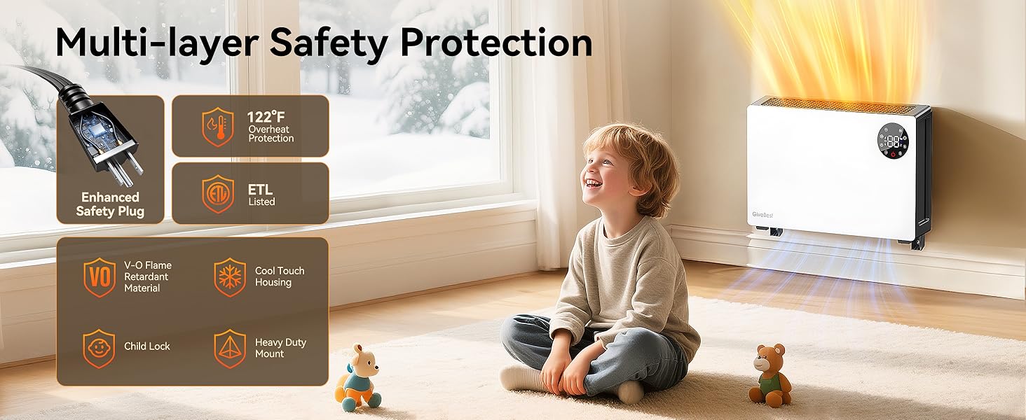 GiveBest Super Quiet Wall Heaters for Indoor Use, Baseboard Design Space Heater, Adjustable Thermostat, Child Lock, 12H Timer, 1500W Easy-mounted Electric Smart Heater for Bedroom Living Room Garage