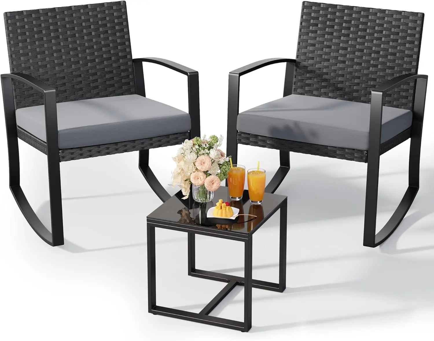 GIZOON 3 Pieces Patio Furniture Set Rocking Bistro Set Outdoor Rattan Conversation with Coffee Table for Garden Balcony Backyard Poolside (Grey Cushion)