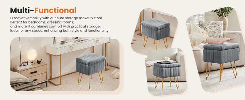 HomeSquad Vanity Stool Chair with Storage, Ottoman Faux Fur Soft Padded Makeup Footstools Seat with 4 Metal Legs Anti-Slip Adjustable Feet Modern Cute Small Footrest for Home Entryway Bedroom