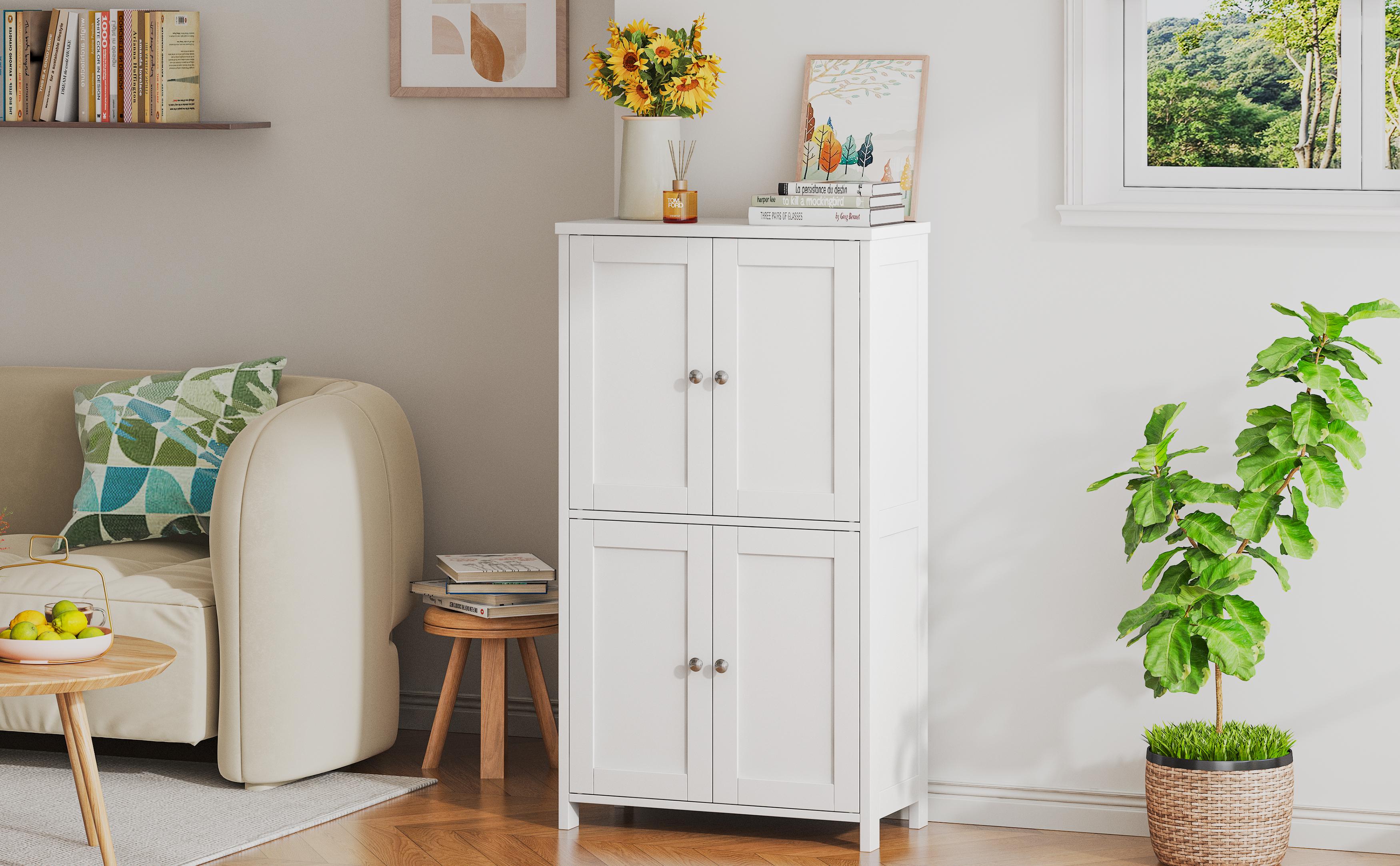 Walsunny Bathroom Floor Storage Cabinet White Freestanding Unit with 4 Doors 11.8x23.6x43.3 Inches Organizer for Books & Decor