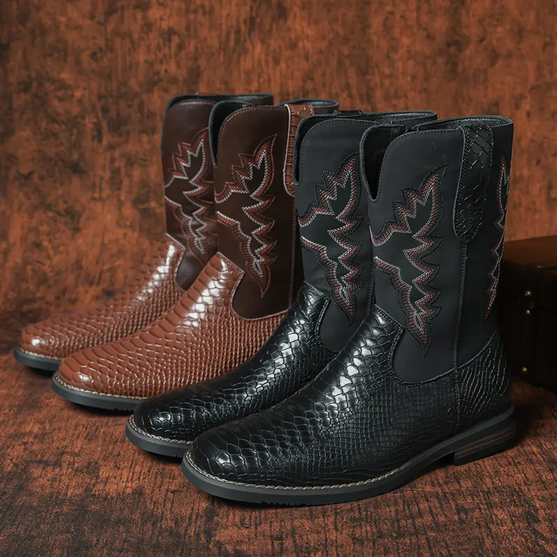 CYUW Men's Cowboy Boots — Western-style embroidered ankle boots featuring a slip-resistant square toe and a chunky heel; a blend of durability and classic retro-chic style, designed for comfortable, supportive walking.