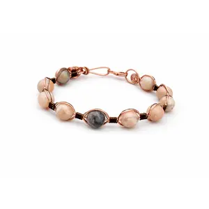 Handmade Sunstone Beaded Copper Wire Wrapped Cuff Bracelet Boho Jewelry