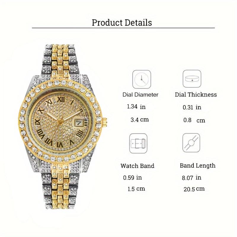 Men's Hip Hop Jewelry Set - Gold Quartz Watch with Rhinestone Bezel, 14mm Cuban Chain Necklace & Bracelet, Cross Pendant for Everyday Wear & Special Occasions