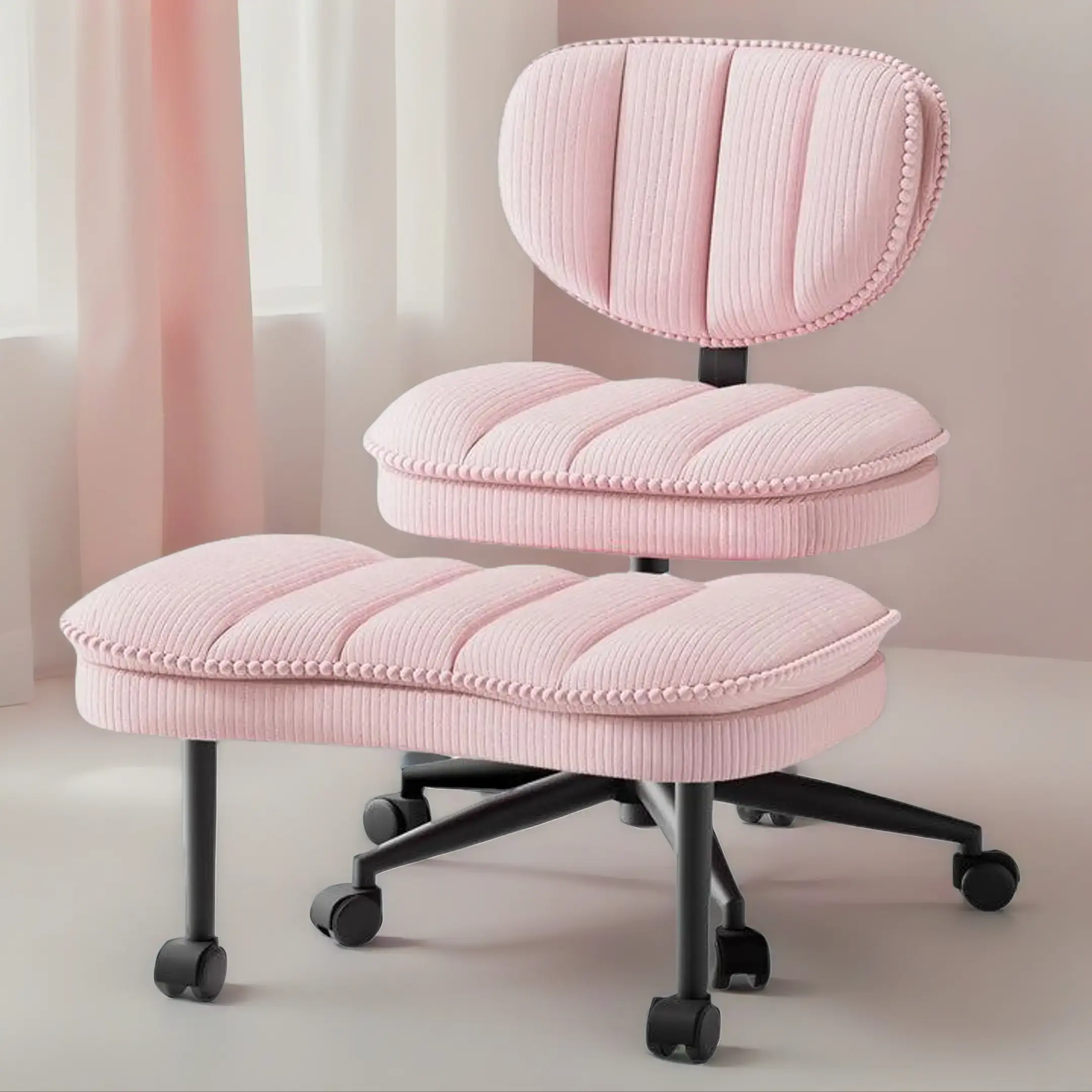 Cross-Legged Office Chair with Corduroy Seat Pink/White Ergonomic Design for Comfort and Easy Assembly backtoschool