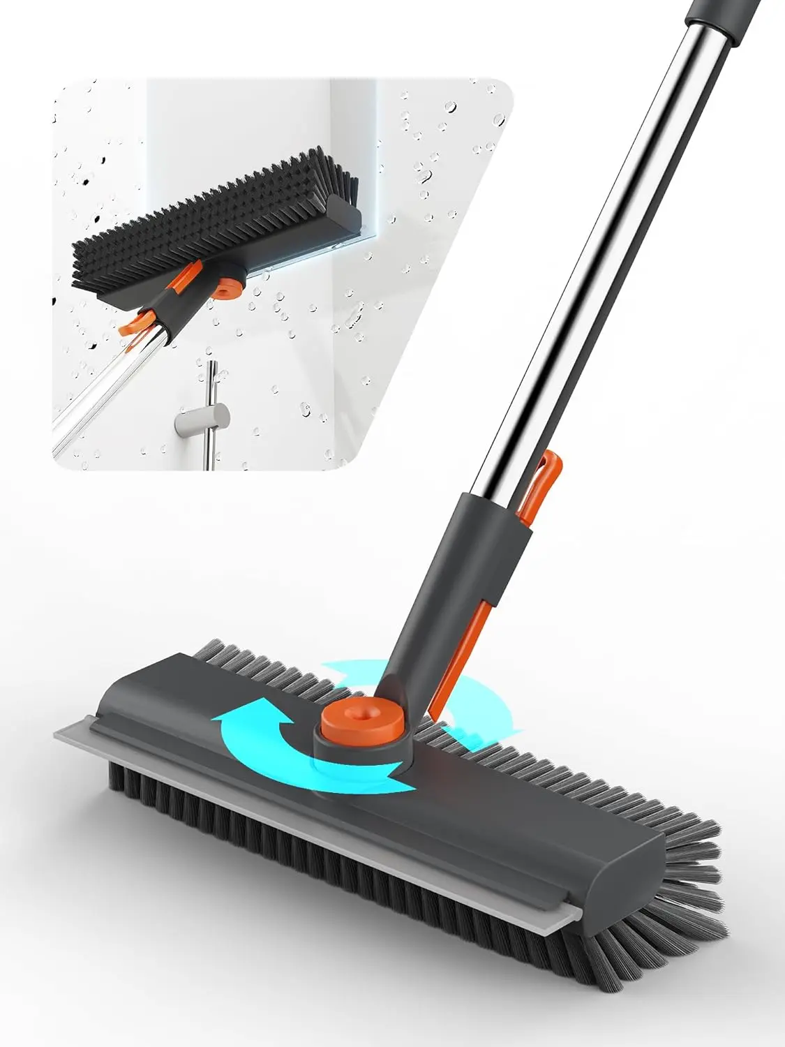 Floor Scrub Brush with Long Handle & Squeegee, 3 in 1 Floor Scrubber Stiff Dual-side Bristle, 360° Swivel Head with Tweezer, for Cleaning Tile Wall Deck Bathroom Patio Garage Pool Kitchen (Gray)