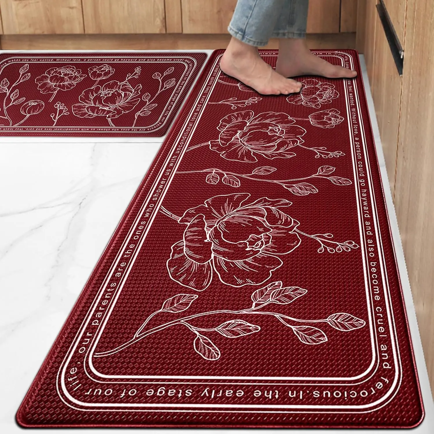 Kitchen Floor Mat Set of 2, Cushioned Anti Fatigue Kitchen Mat 17"x47"+17"x29", Non-Slip Waterproof Kitchen Rug, Premium PVC Comfort Kitchen Mats and Rugs for Kitchen, Office, Home, Laundry
