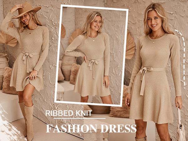 Women's Long Sleeve Dress Crewneck Pullover Sweaters A-Line Casual Swing Dress Bodycon Dress with Belt Thick Suitable for Fall and Winter
