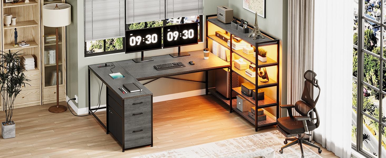 SIKAIC 64.5 Inches Reversible U Shaped LED Gaming Desk Grey with Storage Drawers Open Shelves Dual Monitor Mount RGB Light Durable Home Office Setup