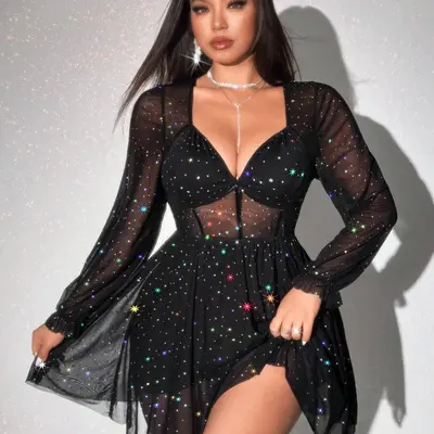 blue dress for baby girl LOOK EXPENSIVE LONG SLEEVE EMBELLISHED MINI DRESS – AKIRA main image 0