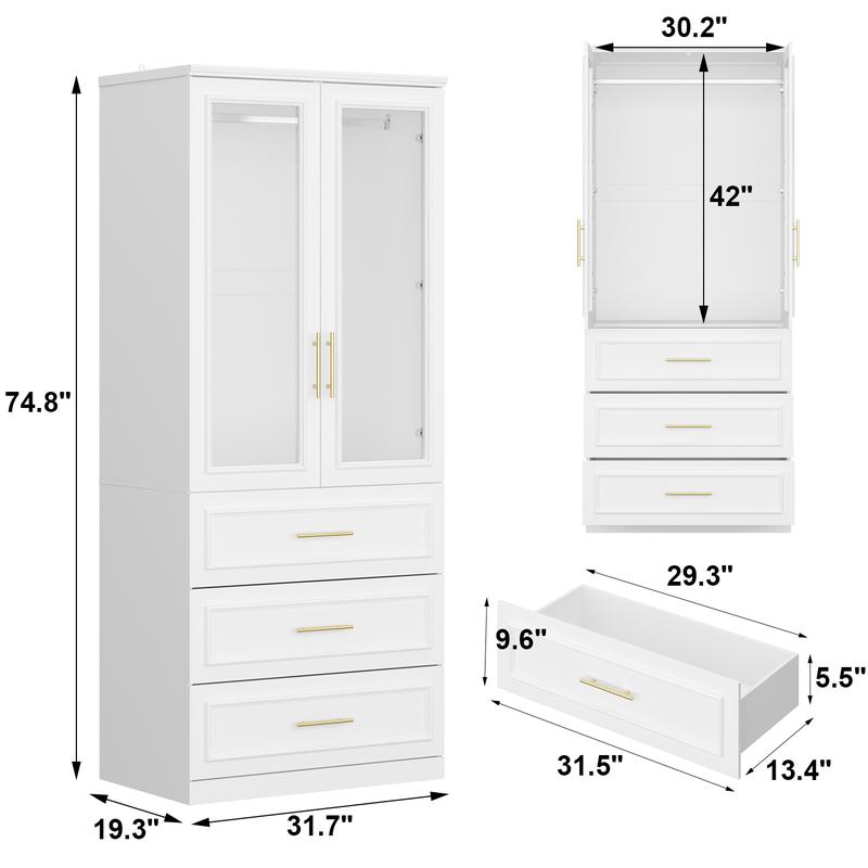 FUFU&GAGA 4 Door Wardrobe Closet with Shelves, Armoires and Wardrobes Wardrobe Closet with Hanging Rod, Gold Metal Handles, Bedroom Armoire Closet