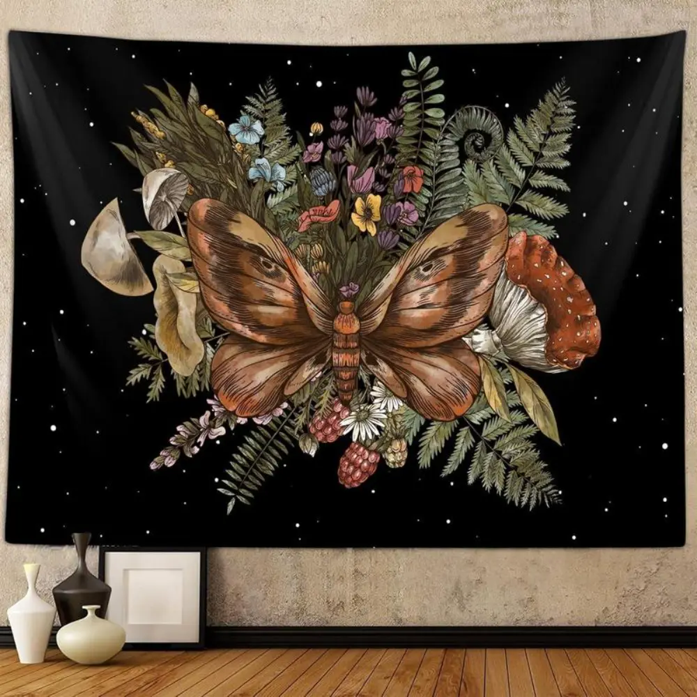 Vintage Polyester Mushroom Moth Tapestry - Decorative, Hangable, Rustic Watercolour Flower Tree, Botanical Mix, Butterfly, Animal Prints, Retro Swiss Landscape Indoor Use Soothing Wall Hanging, Machine Washable Home Decor Gift for Girls' Bedroom