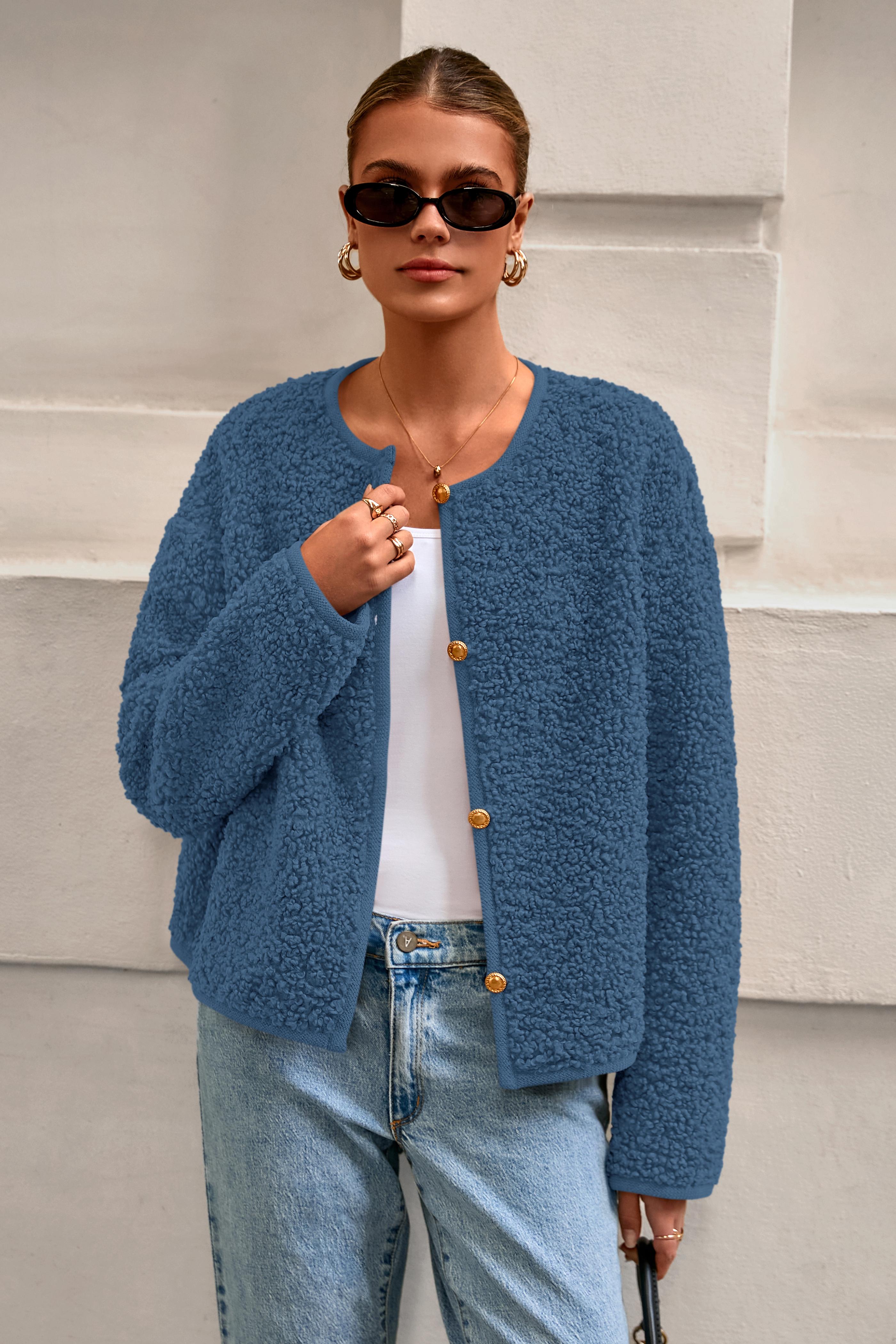 PRETTYGARDEN Women's Winter Coat Teddy Bear Soft Faux Fur Jacket Fuzzy Fleece Cropped Outerwear with Buttons Warm Cozy Fall Fashion Coat Trendy Cute Jackets for Women Winter Essentials - Casual Long Sleeve Fitted Crewneck Minimalist