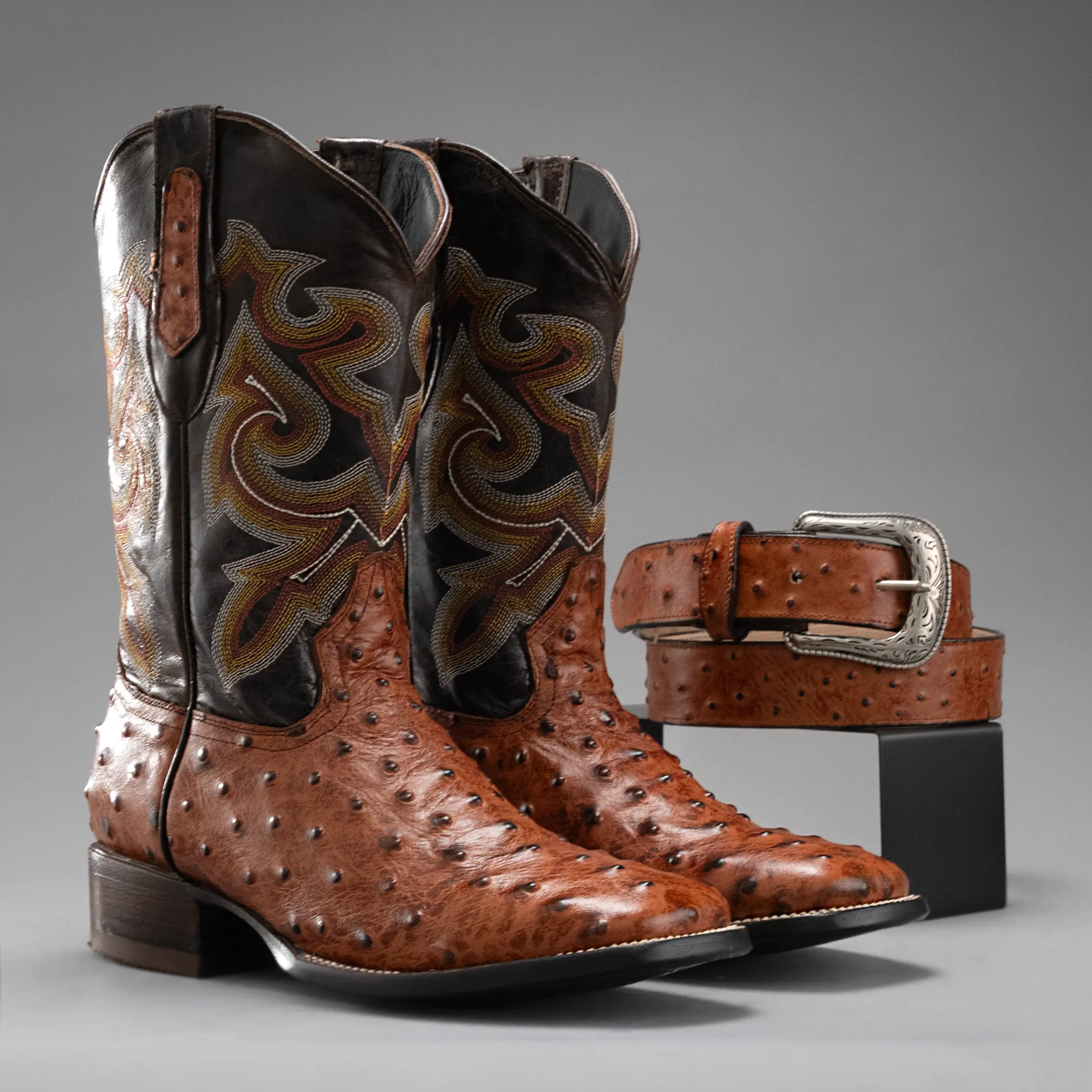 El General Ostrich Print Western Cowboy Boots Size 8 Tan Leather Embroidered Men main image 2