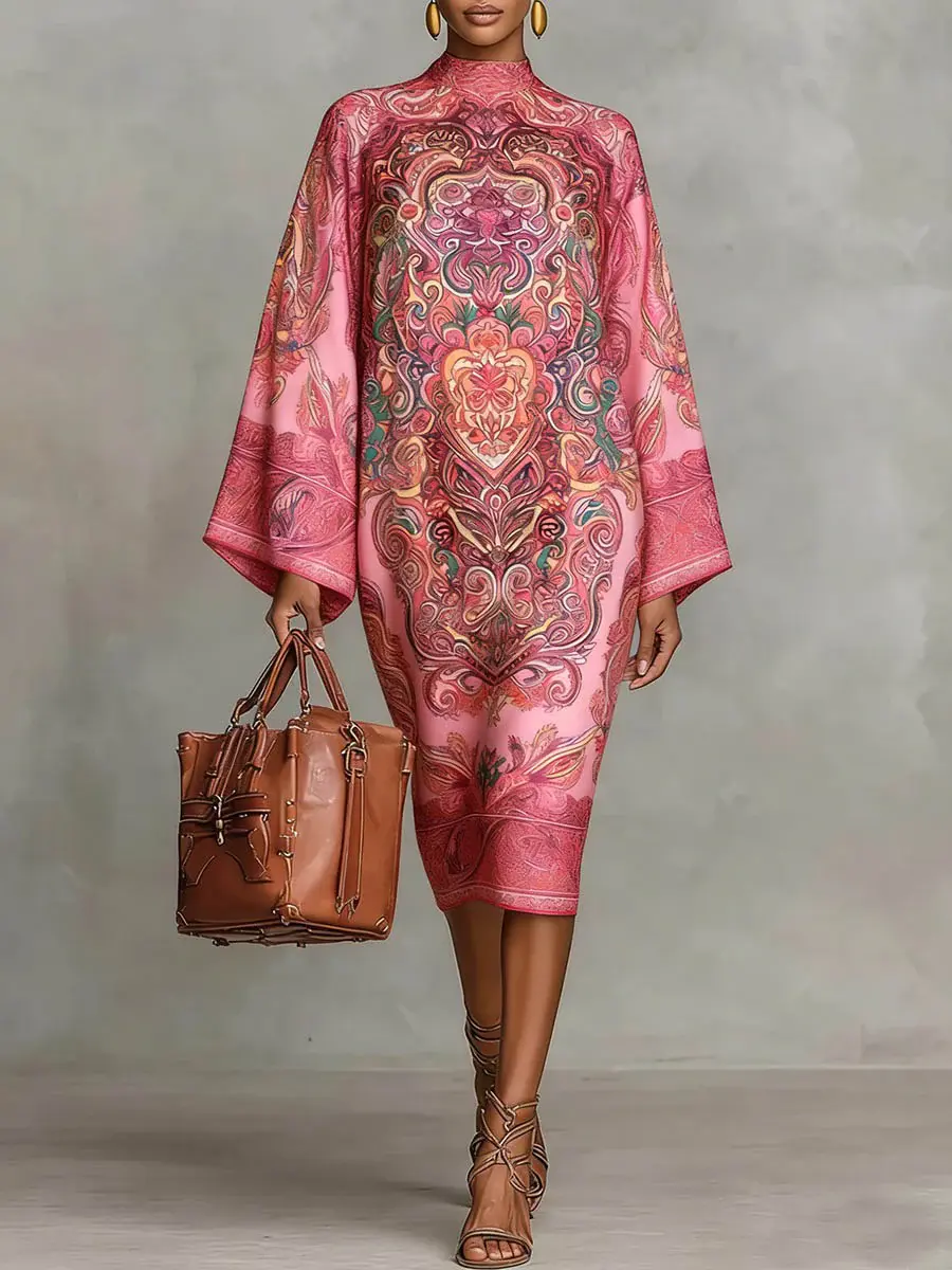 Women's 2026 New Spring Autumn Vintage Elegant Printed Mock Neck Midi Dress, Long Sleeves Loose Contrast Color Elegant Evening Midi Dresses Robe Womenswear