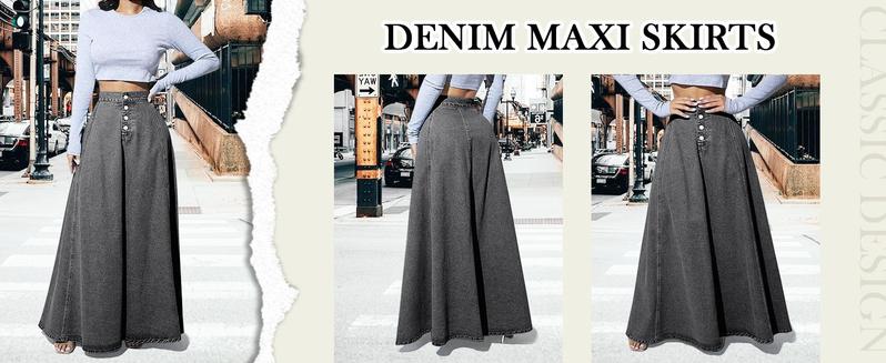 【New Arrival】Ebossy Women's Retro High Waisted Button Fly Flared Long Jean Skirts Pleated Flowy Swing A-line Denim Maxi Skirts 【New Arrival】Ebossy Women's Retro High Waisted Button Fly Flared Long Jean Skirts Pleated Flowy Swing A-line Denim Maxi Skirts