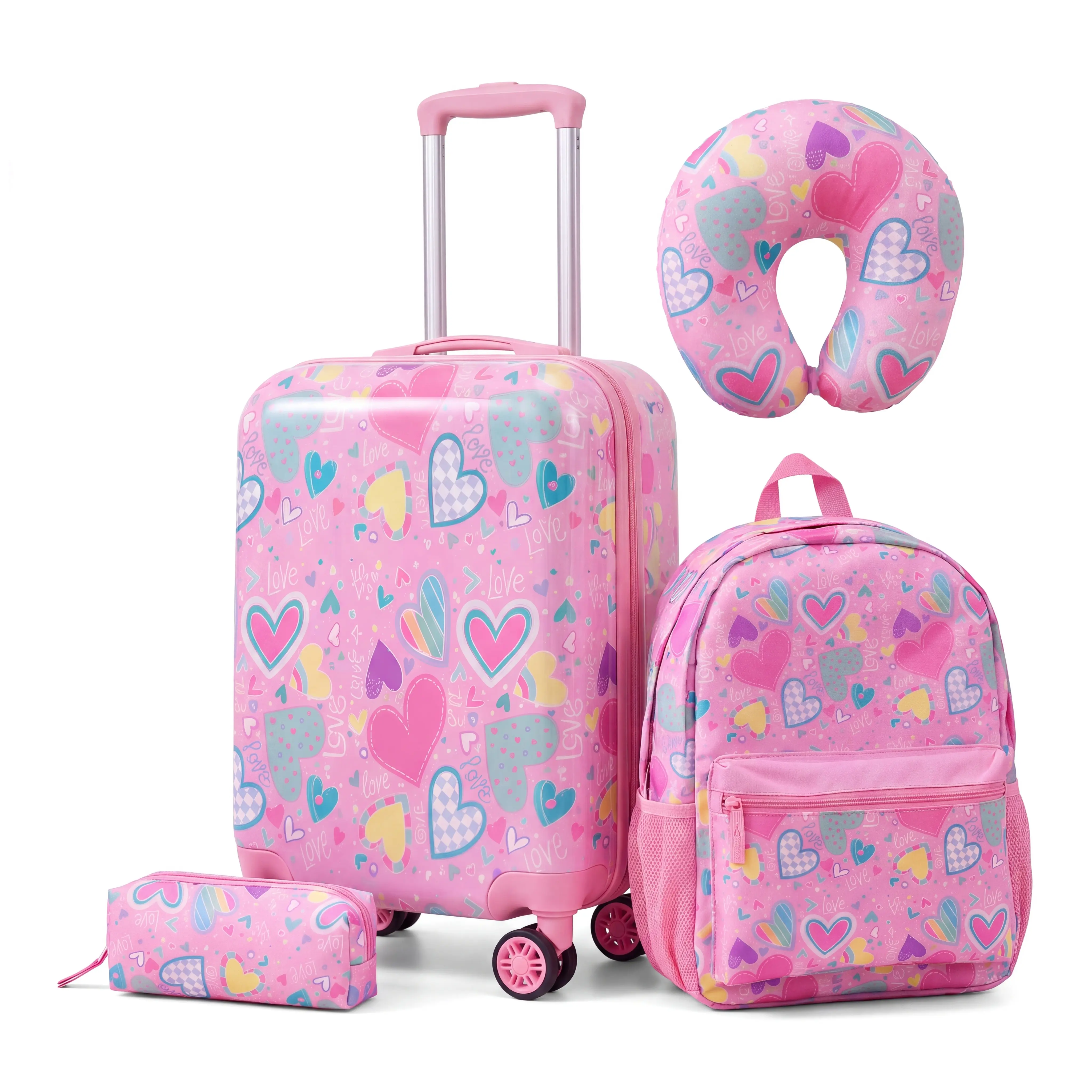 Girls' 5-Piece Hardside Spinner Luggage Set with Spinner Wheels, ABS Material, Colorful Hearts Design – Pink Carry-On Suitcase, Backpack, Lunch Box, Neck Pillow (Girls Fit, Prop 65 Safe) for School, Vacation 2026