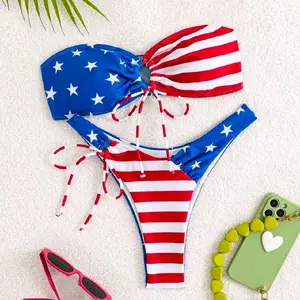 Women's USA Flag Print Bikini Set w/ Strapless Bra & Drawstring Waist Bottoms