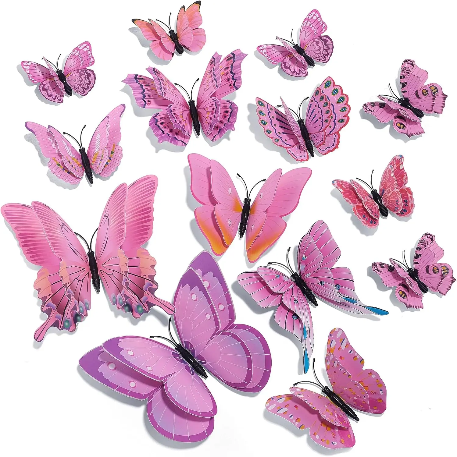 24-Count Modern Durable Decorative 3D Double-Layer Butterfly Adhesive Stickers Set, Pink Butterfly Shape Decorative Wall Sticker for Party Decor, Locker, Refrigerator, Easy-Remove