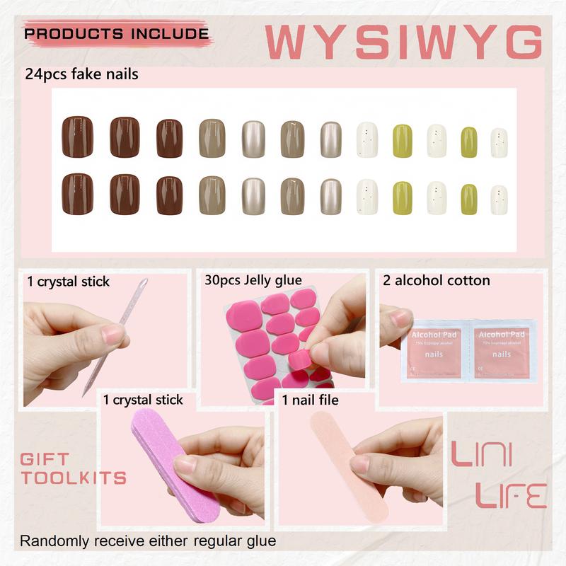 24 Pcs Short Square Press On Nails with Jelly Glue,Reusable Soft Gel Fake Nails Kit for Women and Girls with Feature Protective UV Coating DIY,Candy Two-Tone、Red-Brown Plaid、Caramel Two-Tone  Nails Press Ons，Daily versatile, full sizes