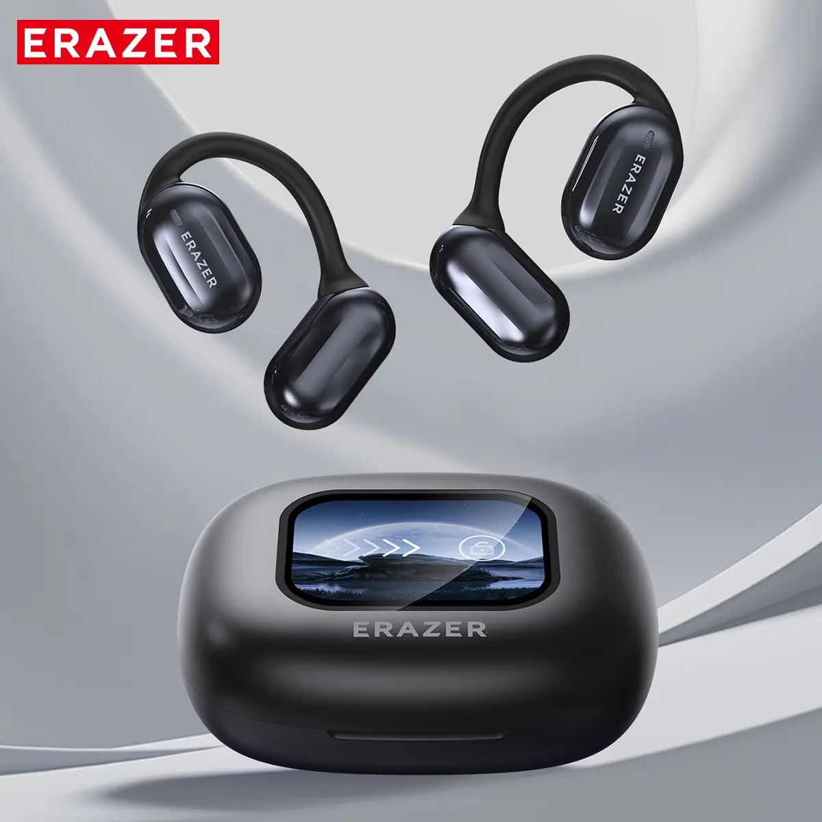 ERAZER OWS Touch Screen Wireless Headset Audio, Bluetooth 5.4 Noise Canceling Earbuds with Mic, HIFI Stereo Silicone Earphone, LCD Full-Color Display, TF Card Support, Multifunctional Charging Audio Device, Electronic