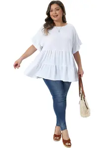 Agnes Orinda Plus Size Summer Tops for Women Round Neck Ruffle Short Sleeve Tiered Swiss Dots Blouses