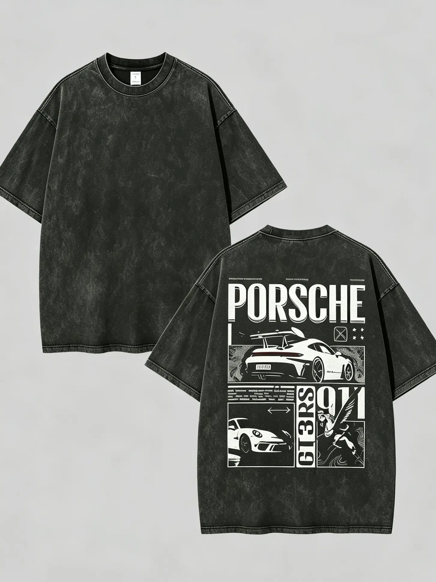 Porsche 911 Racing Vintage Washed Graphic T Shirt Oversized Heavyweight Cotton Car Culture Streetwear Tee Y2K Retro Motorsport Japanese Style Summer Unisex