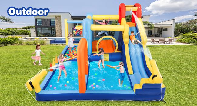 Inflatable Water Slide & Water Park Bounce House with Slide Bouncer Castle Playhouse Splash Pool Climbing Wall Trampoline Felt Ball Target Ring Toss Game for Kids Outdoor Fun 550W Air Blower