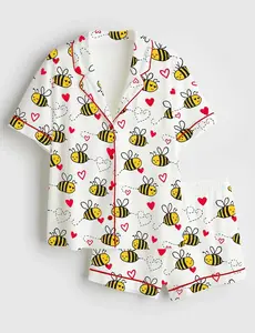 Bee Kind Valentine Satin Pajama Set, Love Heart Print Long Sleeve Sleepwear, Valentine Gift for Her