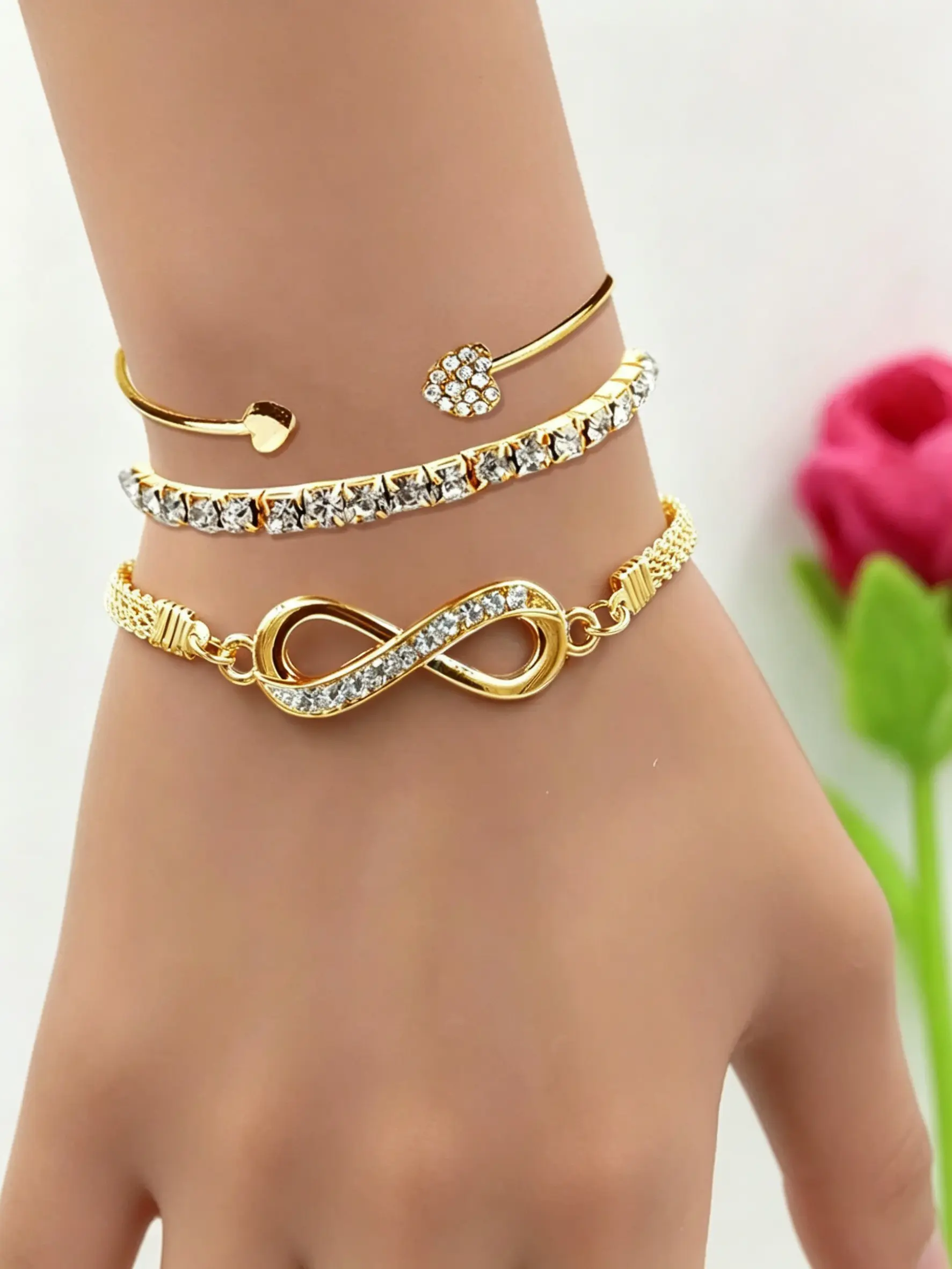 Women's Bracelet Set, Rhinestone Infinity Symbol + Tennis Chain + Open Bangle, Fashionable and Elegant, Perfect for Daily Wear and Parties, Bracelets Bangles